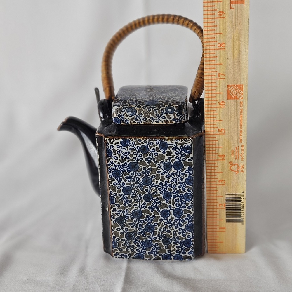 VTG Takahashi Blue Square TeaPot w Bamboo Handle Hand Painted 6 1/8"x6"x3.75"